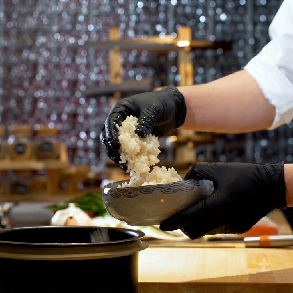 Une personne portant des gants noirs plaçant du riz à sushi tiède dans un bol en céramique décoratif.