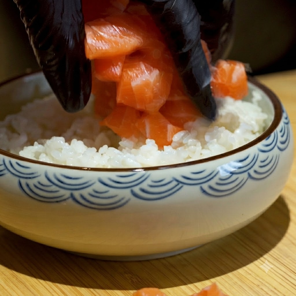 Saumon en cubes placé par-dessus une couche de riz à sushi dans un bol en céramique.