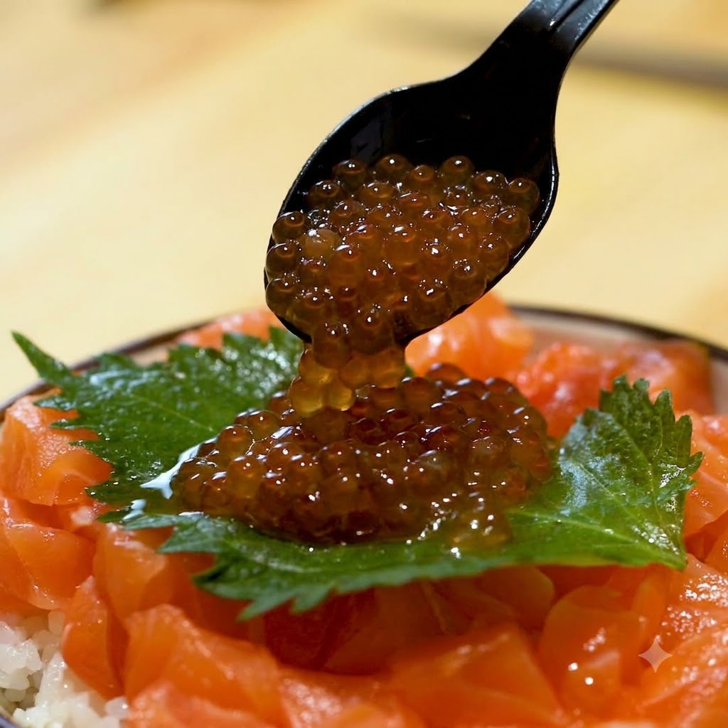 Œufs de saumon versés dune cuillère noire sur une feuille de shiso et le saumon.