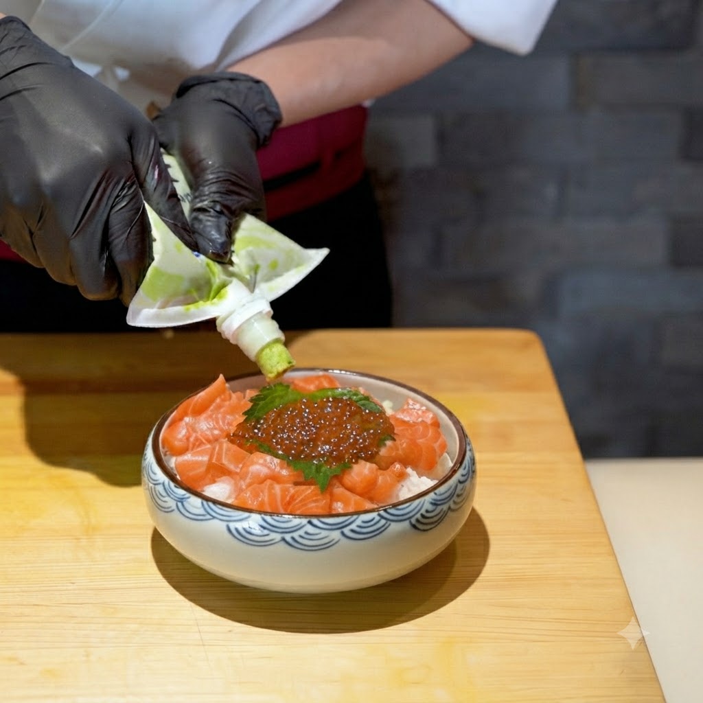 Wasabi pressé dune poche à douille sur le bol de riz au saumon préparé.