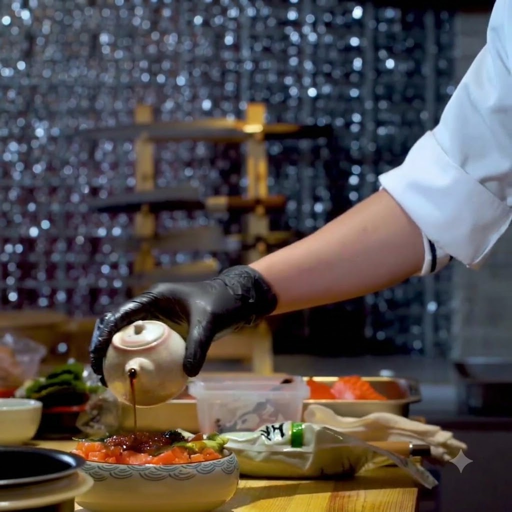 Sauce soja versée dun petit pichet sur un bol de riz au saumon et œufs de saumon.