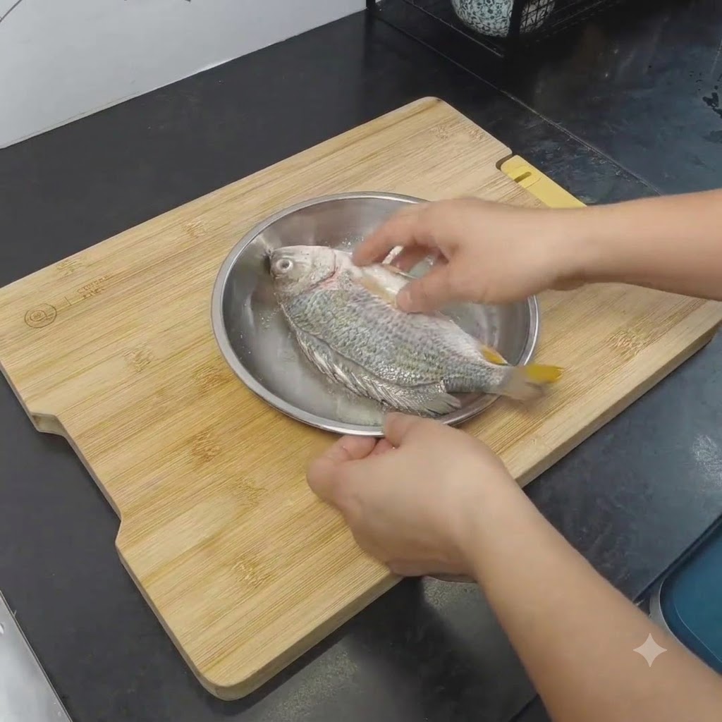Mains massant lhuile et le sel sur un poisson cru dans une assiette.