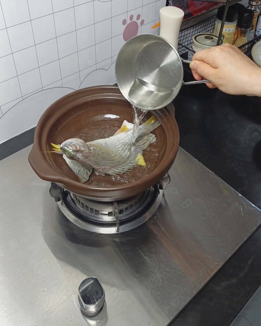 De leau versée dun récipient en métal dans une cocotte contenant le poisson.