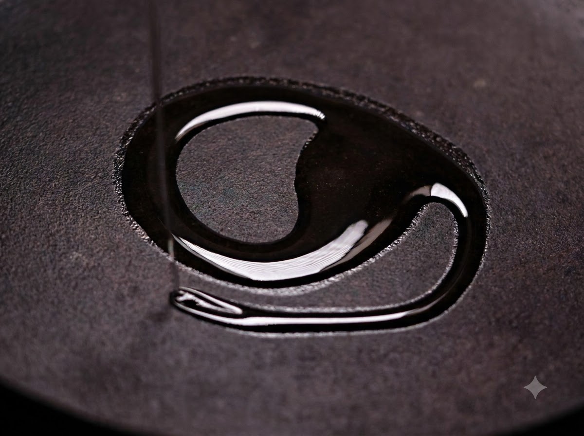 De lhuile de cuisson versée dans une poêle en fonte noire, formant une surface lisse au fond.