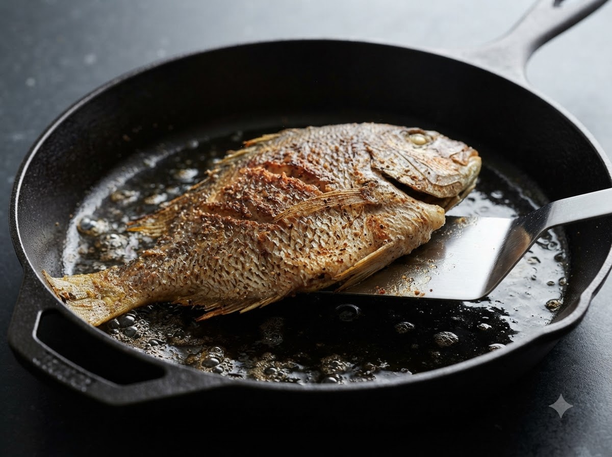 Un poisson retourné à laide dune spatule dans une poêle en fonte remplie dhuile.