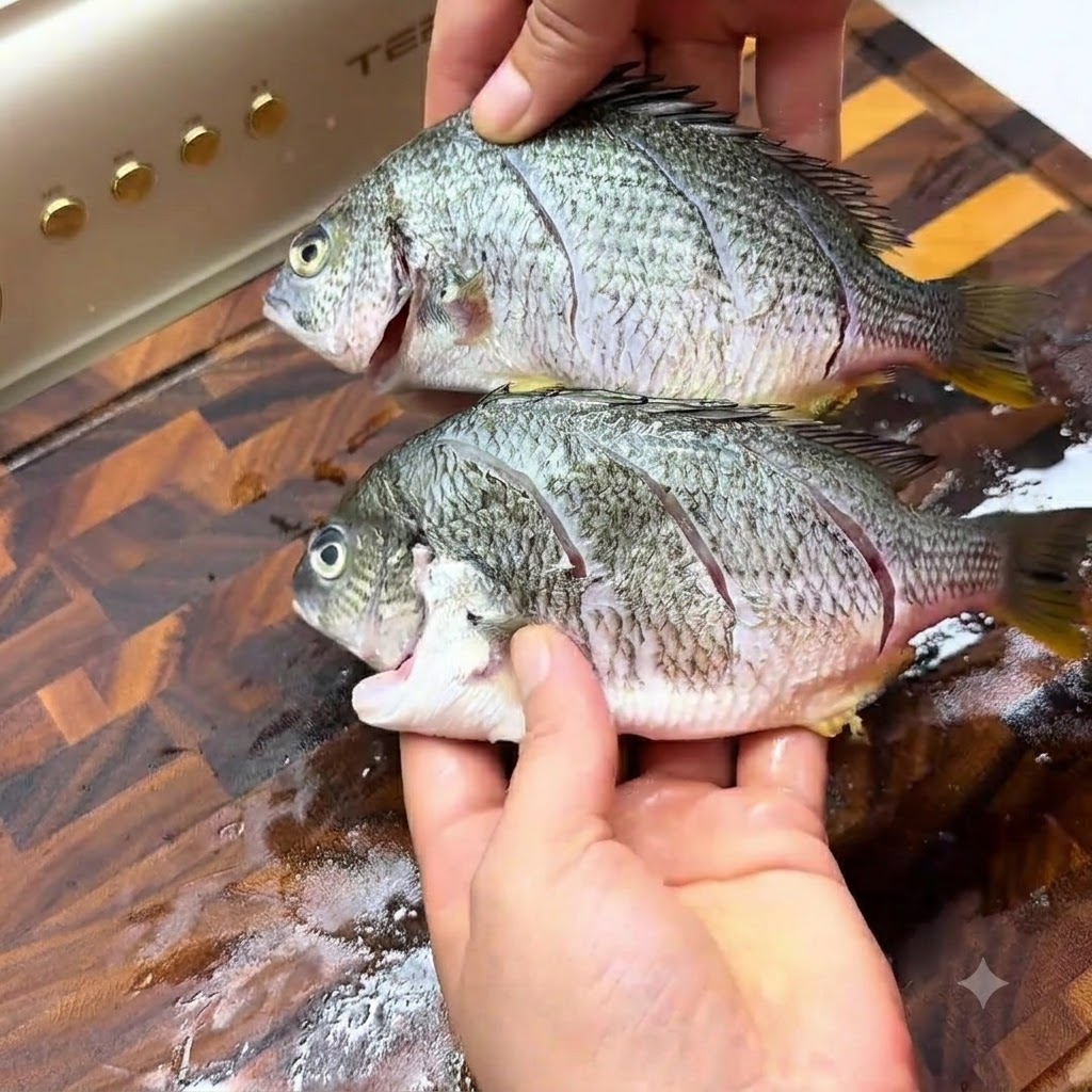 Mains tenant deux poissons entaillés, montrant le sel frotté uniformément sur la peau et à lintérieur des entailles diagonales.