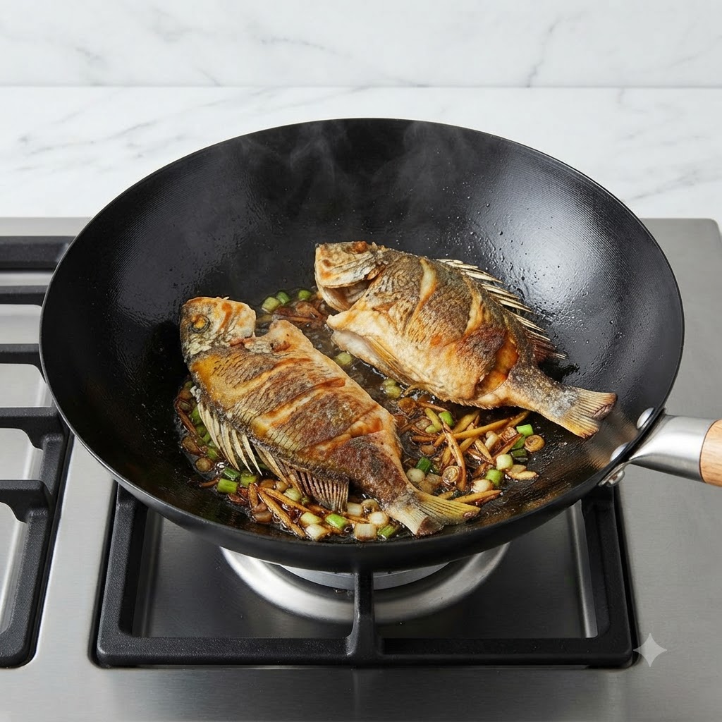 Deux poissons entiers en train de frire dans un wok, entourés de ciboules hachées et de gingembre tranché qui grésillent dans lhuile chaude.