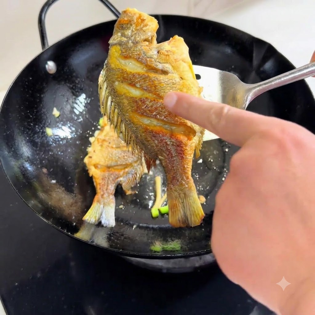 Une spatule en métal soulevant un poisson poêlé dun wok pour révéler une peau magnifiquement dorée et croustillante sur sa face inférieure.