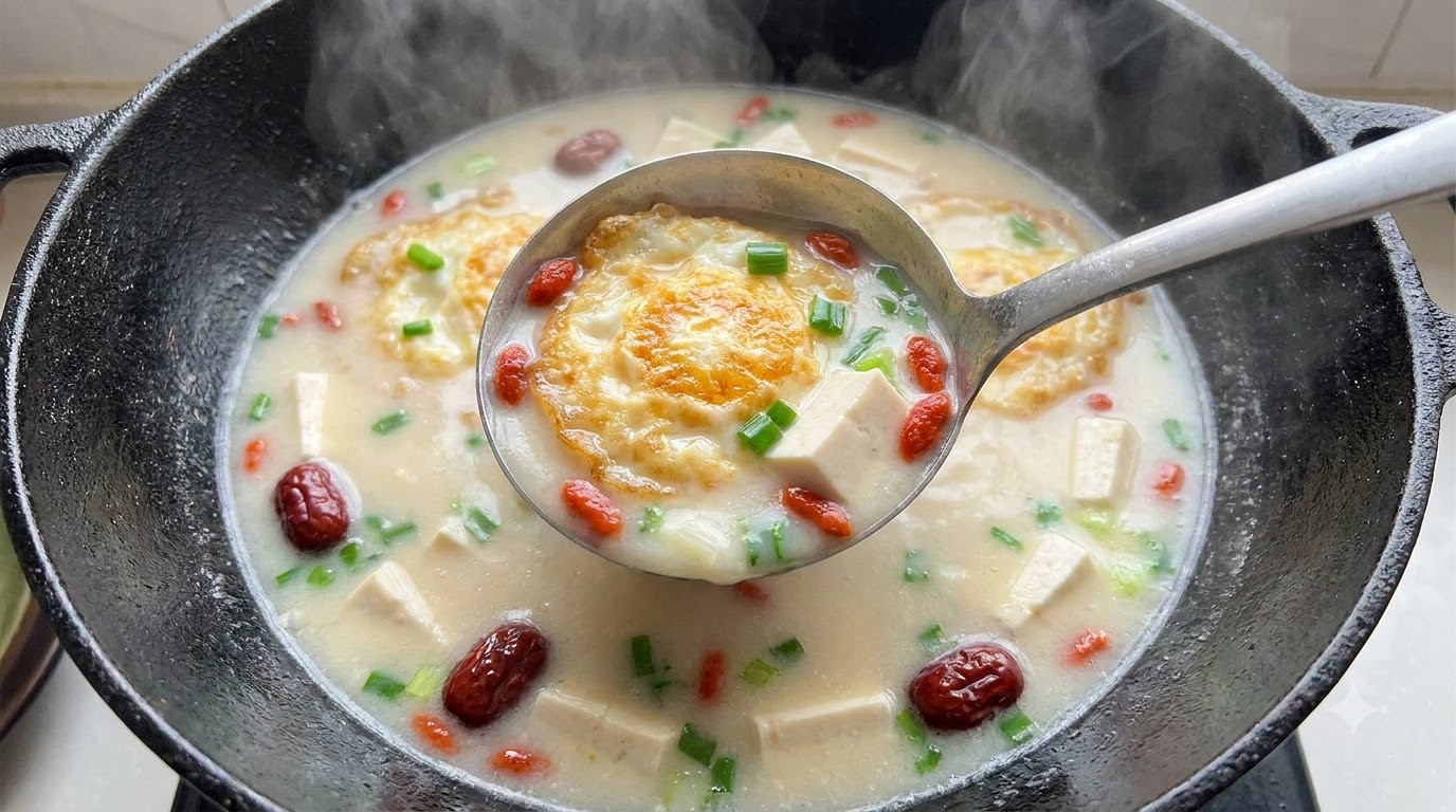 Soupe de poisson queue jaune laiteuse au tofu et œufs frits