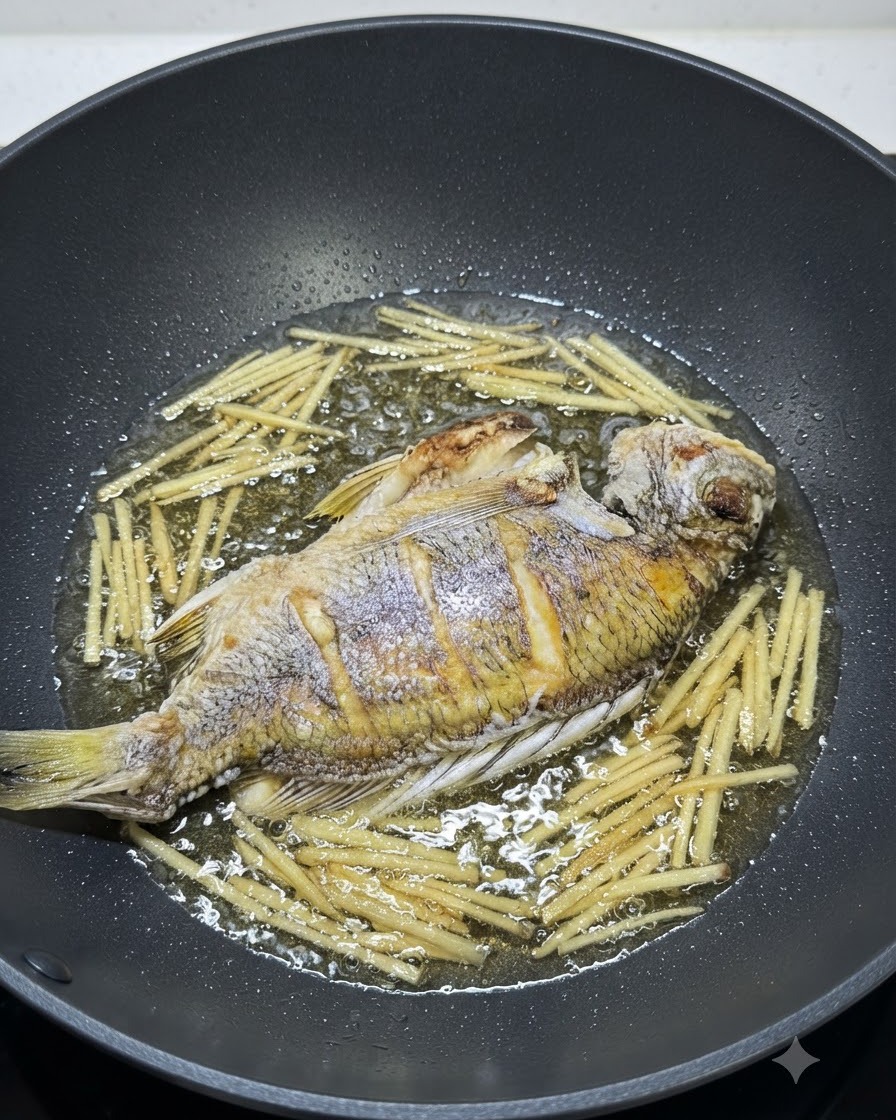 Sauce soja versée sur le poisson et le gingembre dans un wok.