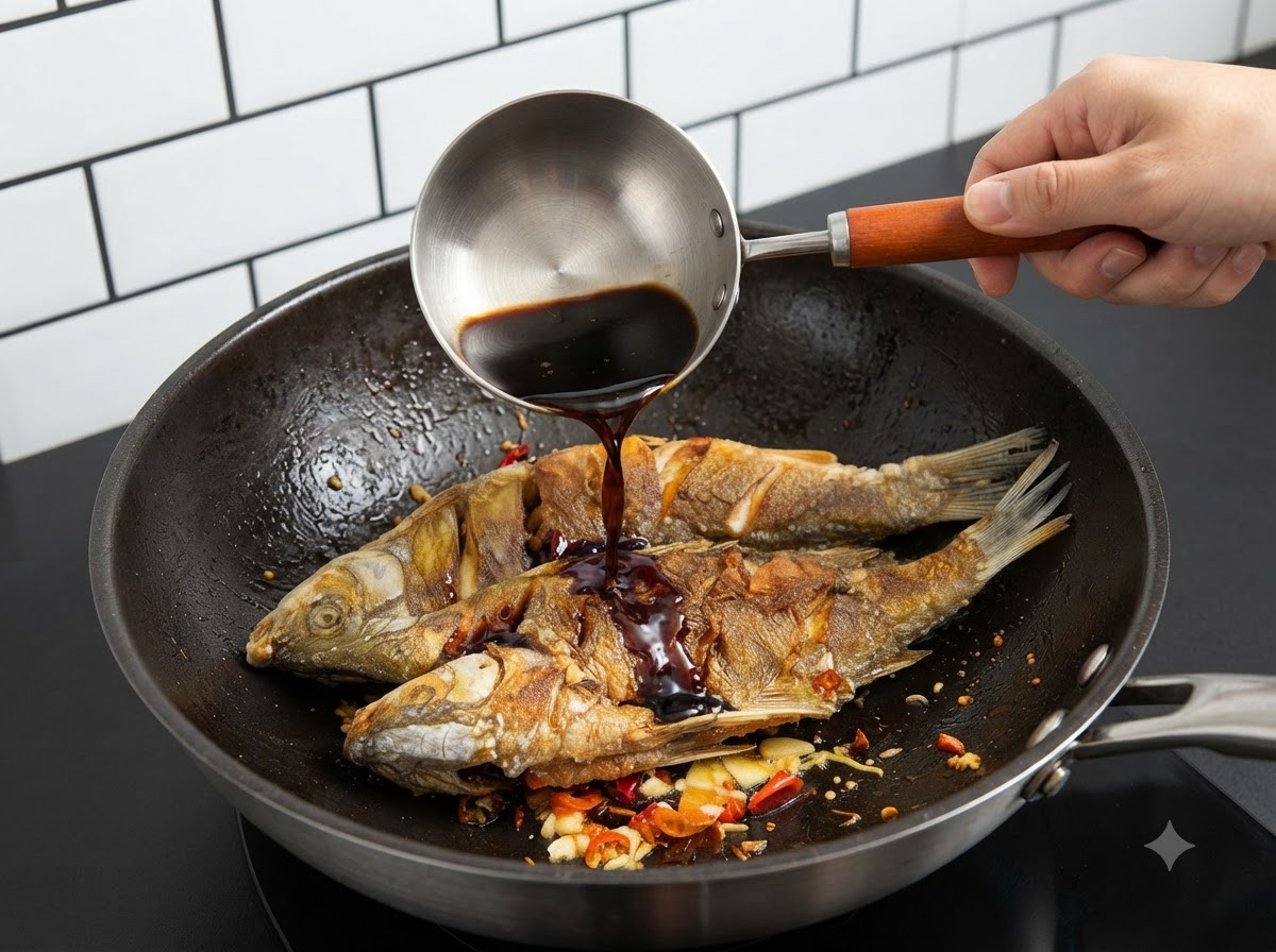 Une main utilisant une louche en métal pour verser un mélange de sauce soja foncée sur le poisson frit et les aromates dans le wok.