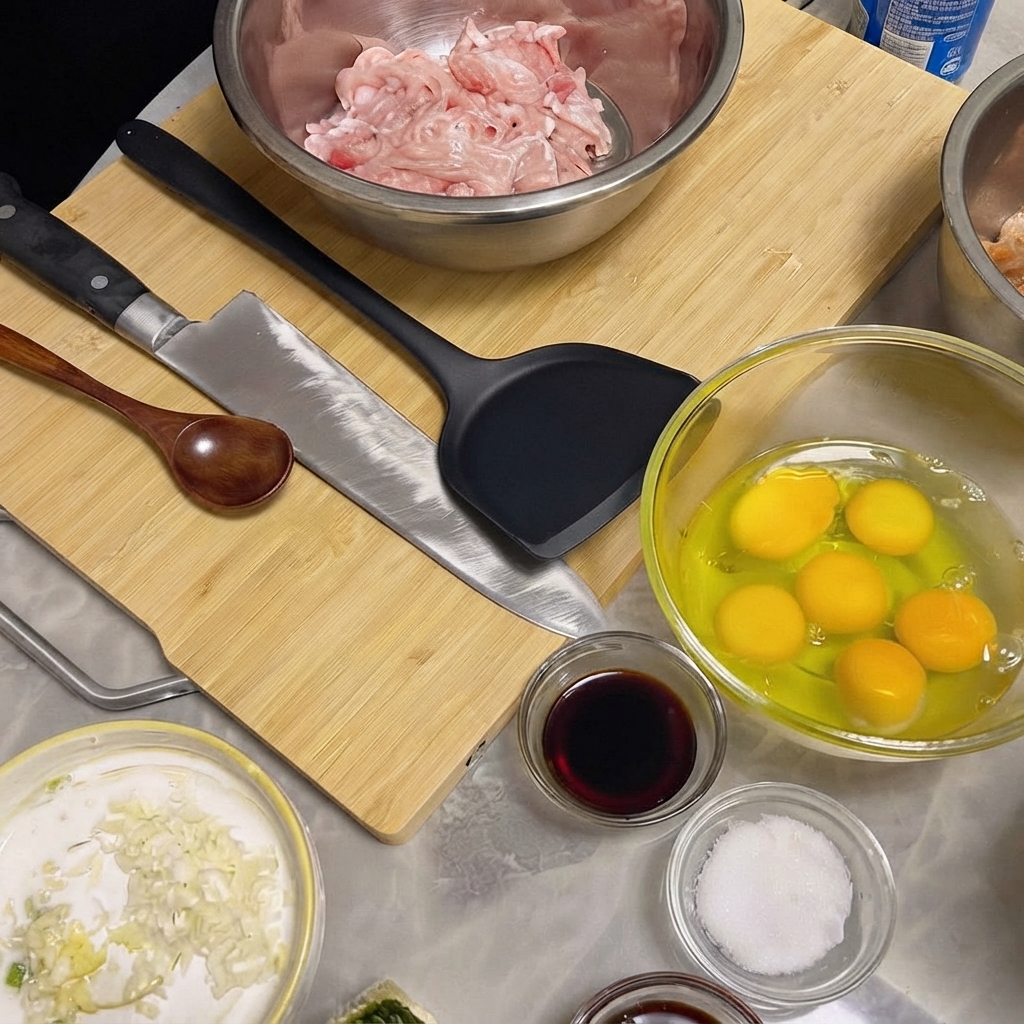 Tranches de porc maigre dans un bol en acier inoxydable mélangées avec de la sauce soja, de lail et des épices.