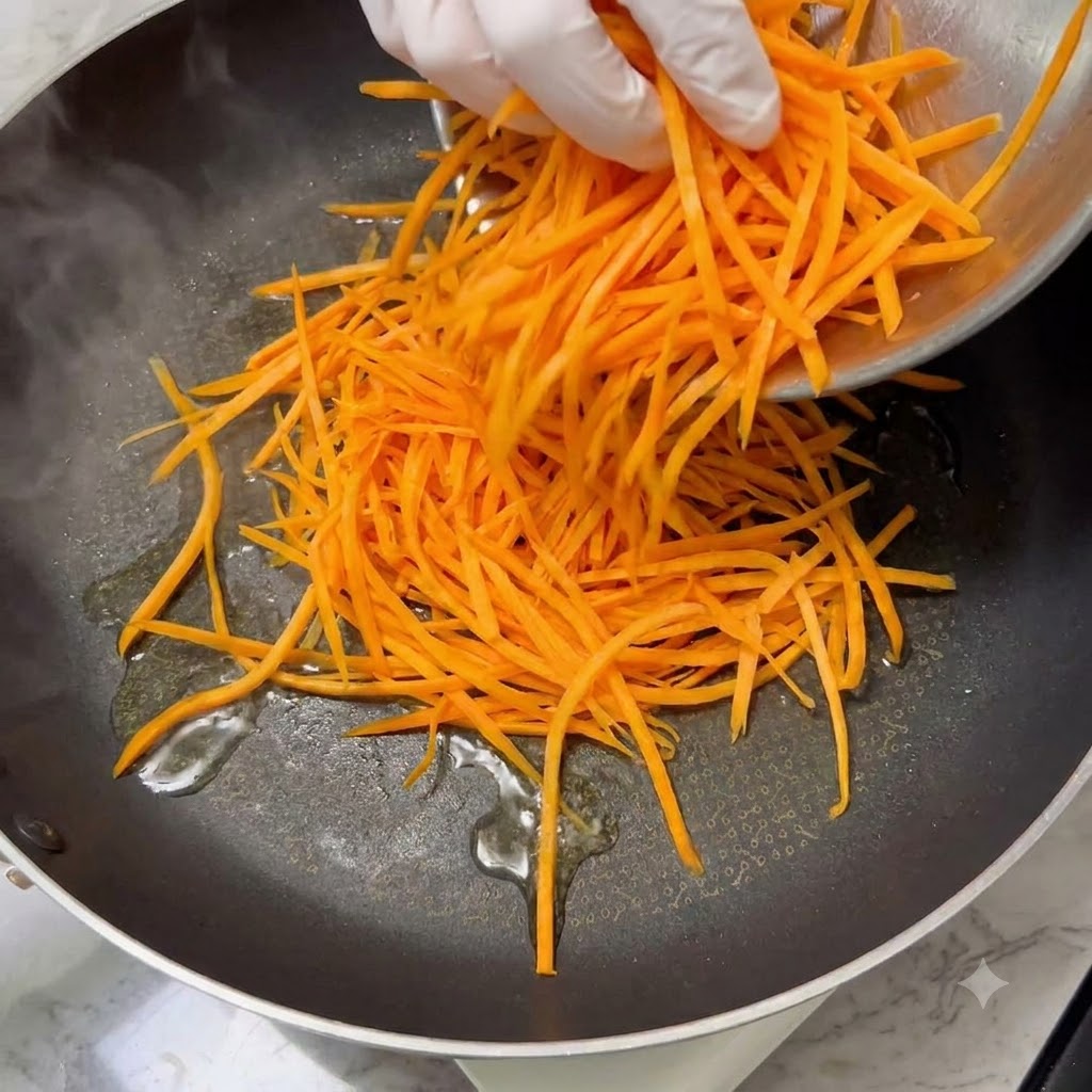 Carottes finement râpées cuisant dans une poêle chaude avec de lhuile à laide dune spatule.