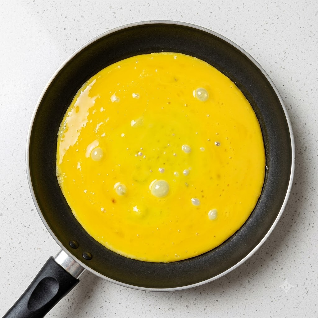 Une épaisse omelette ronde et jaune cuisant à lintérieur dune poêle à frire.