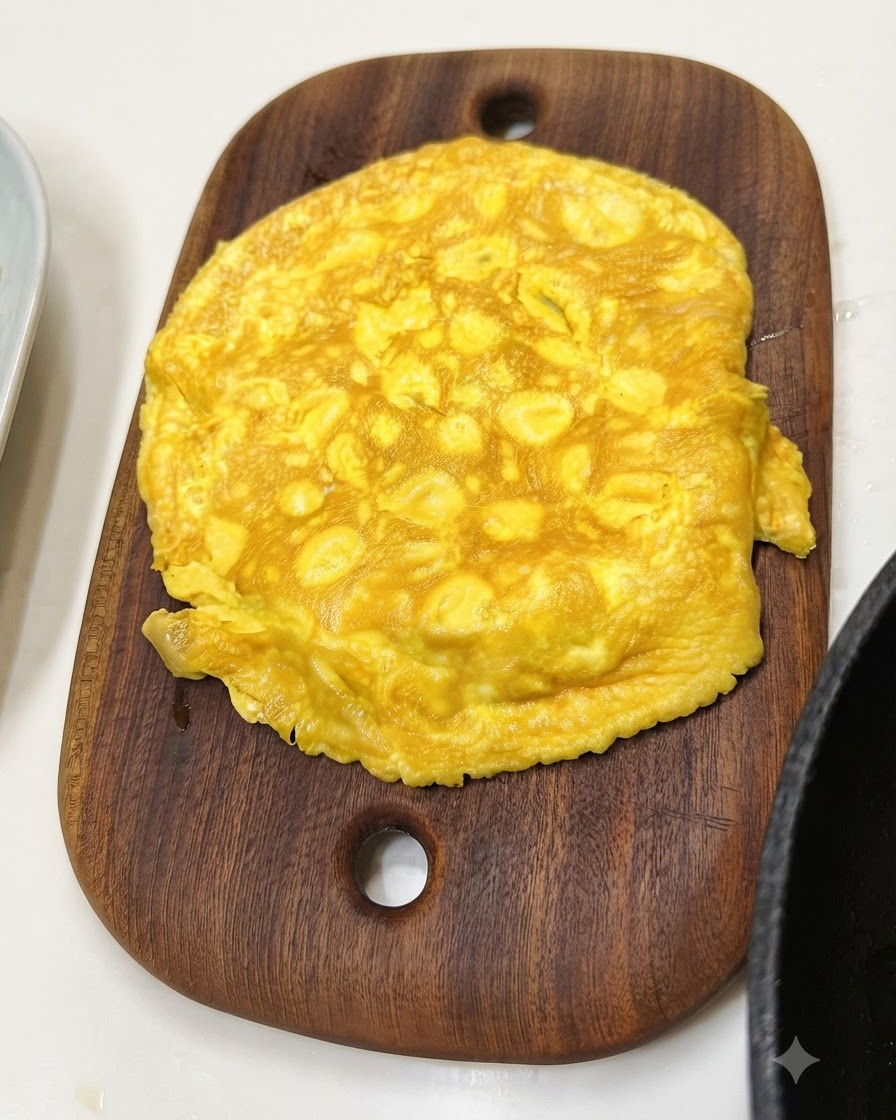 Une omelette aux œufs jaunes cuite reposant sur une planche à découper en bois ovale.