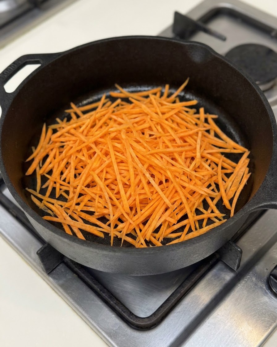 Des lanières de carottes finement râpées en train dêtre sautées dans une poêle noire.