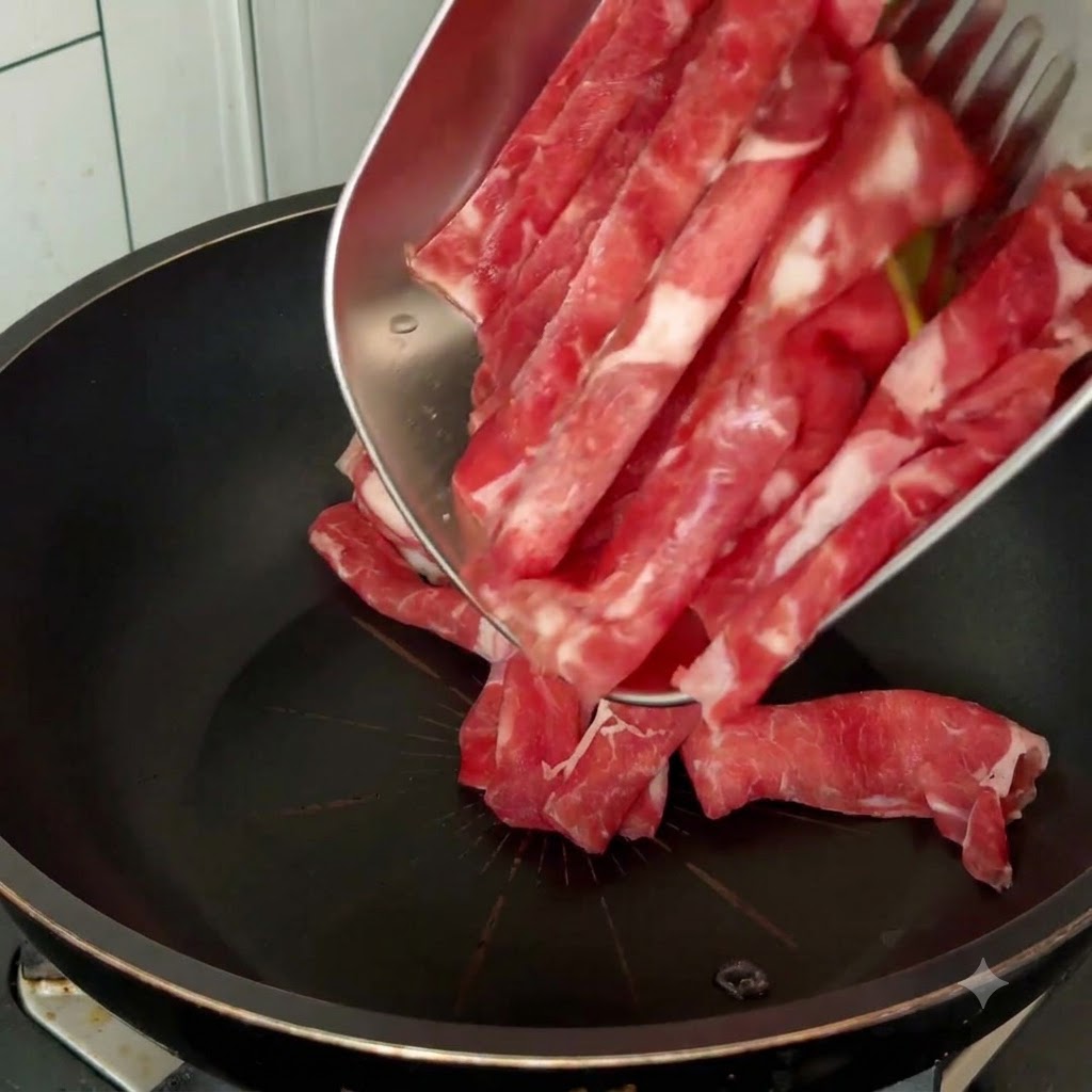 Tranches de bœuf cru versées dans une poêle noire depuis un plateau en métal avec des ustensiles de cuisine.