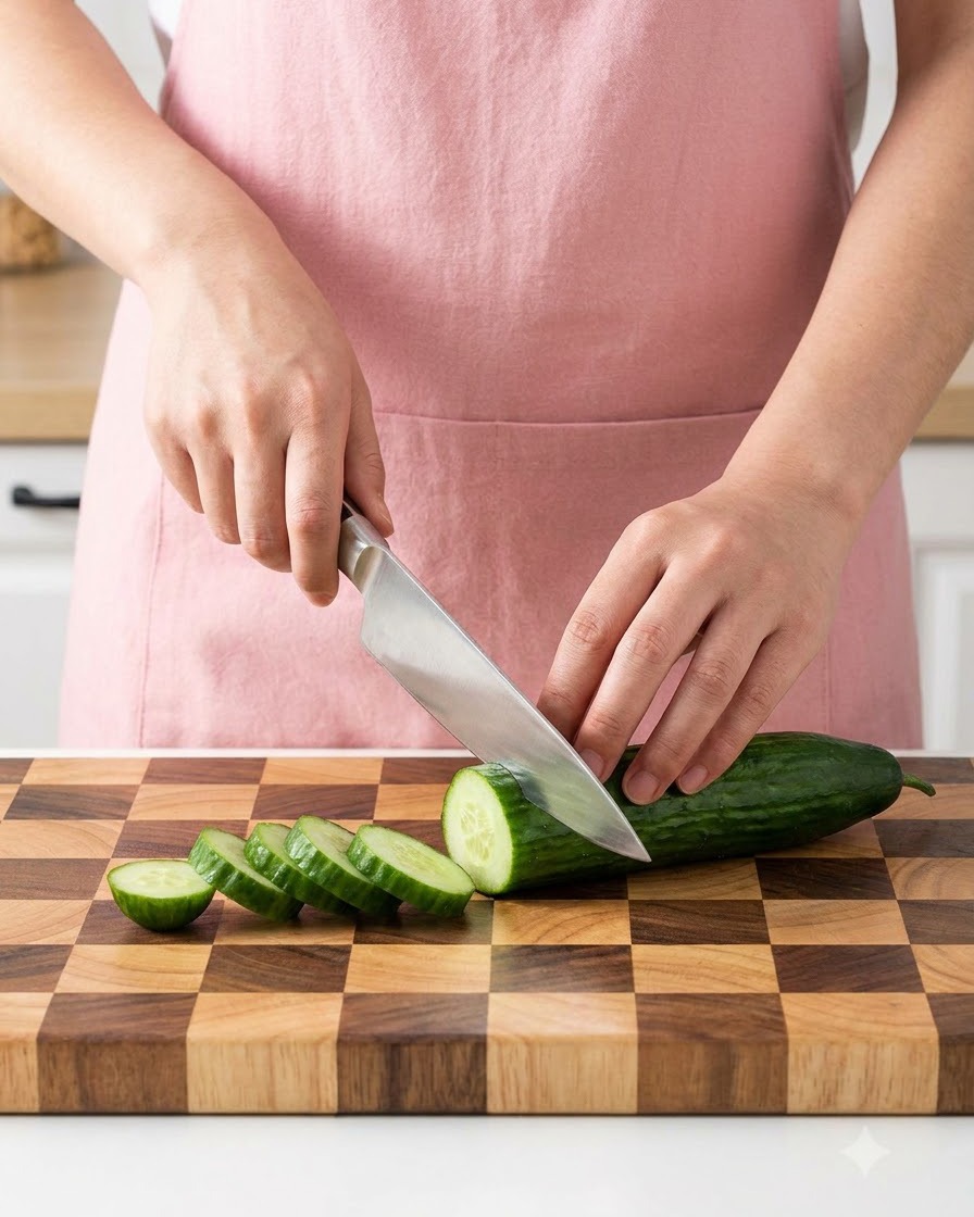 Une personne portant un tablier rose coupant un concombre frais sur une planche à découper en bois à motifs quadrillés.