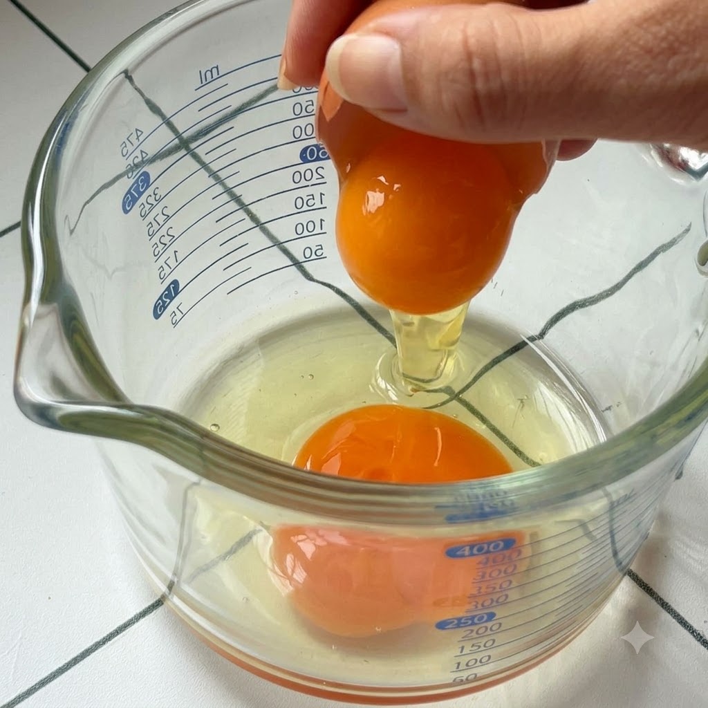 Un œuf cassé dans un verre mesureur contenant des œufs déjà cassés et des graduations.