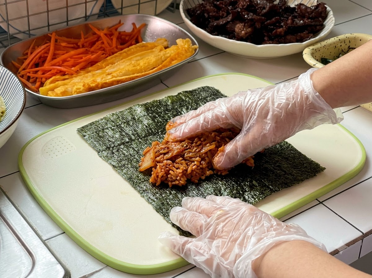 Mains gantées étalant une couche de riz frit au kimchi sur une feuille dalgue.