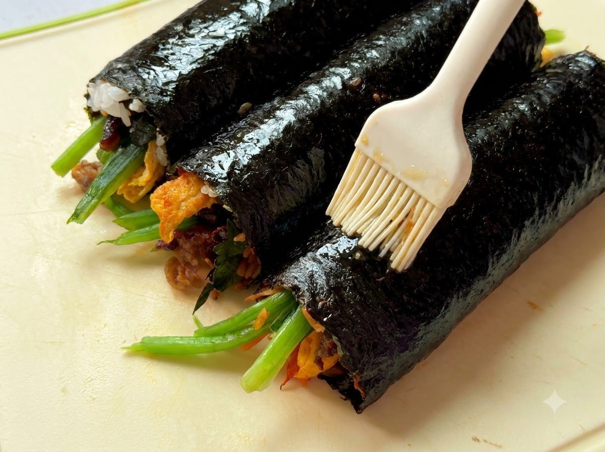 Vue rapprochée dhuile de sésame badigeonnée sur trois rouleaux de gimbap placés sur une planche à découper.
