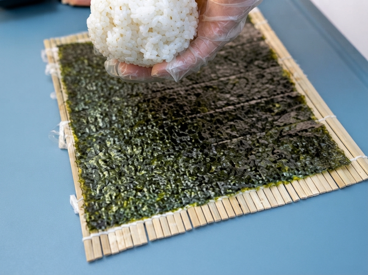 Une main déposant une boule de riz blanc sur une feuille dalgue noire placée sur une natte en bambou.