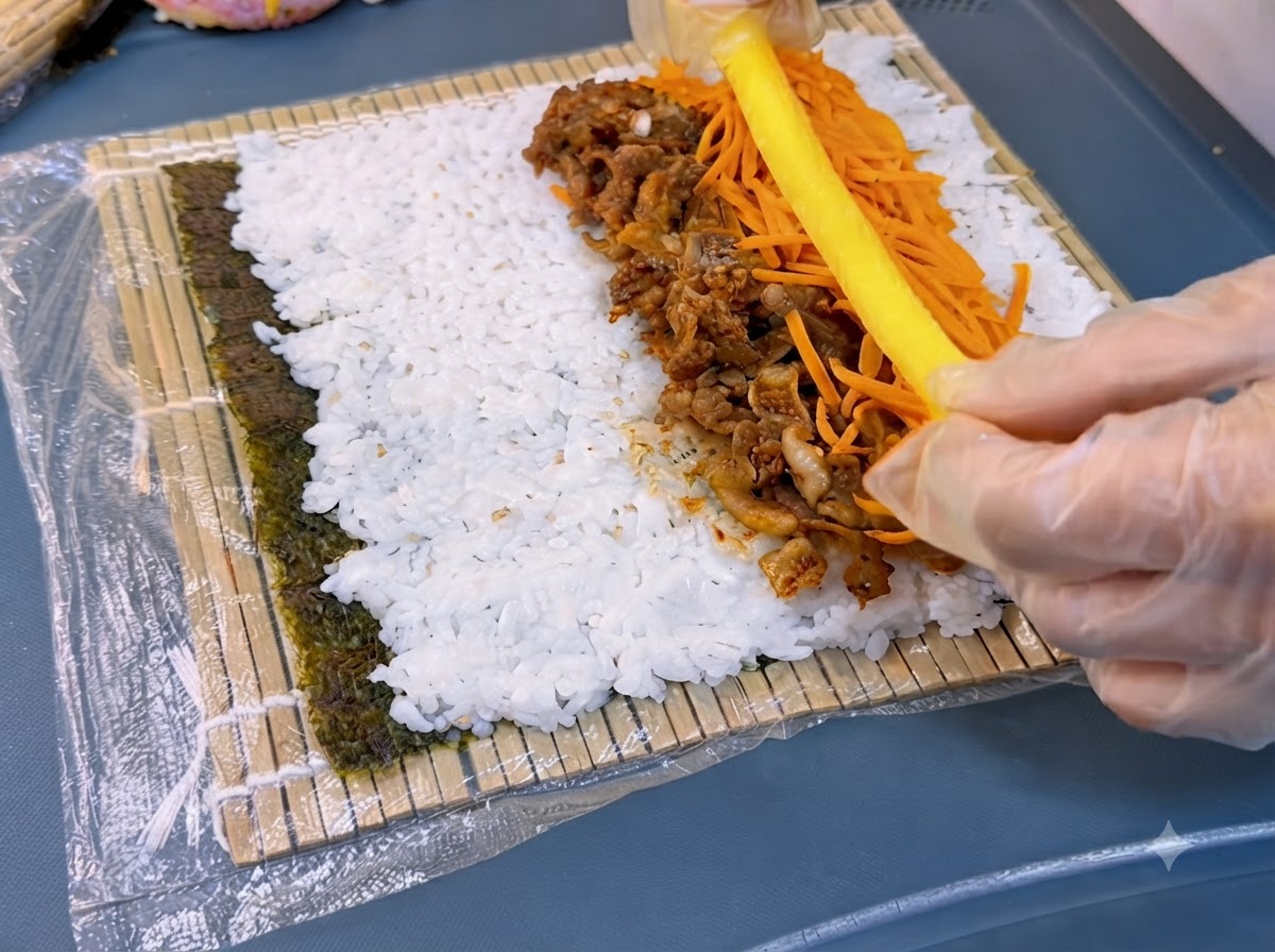 Une main plaçant une longue lanière de radis jaune mariné à côté des carottes et du bœuf sur le riz.