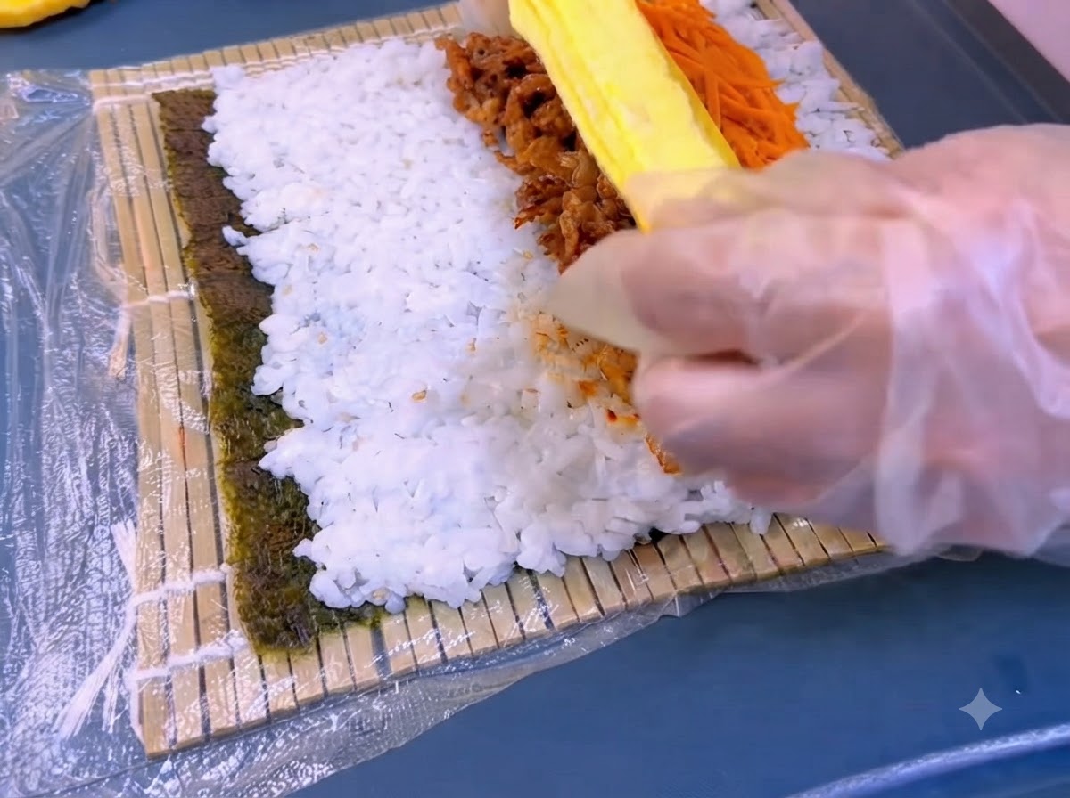 Une lanière domelette jaune déposée sur la garniture de carottes et de bœuf dun kimbap.