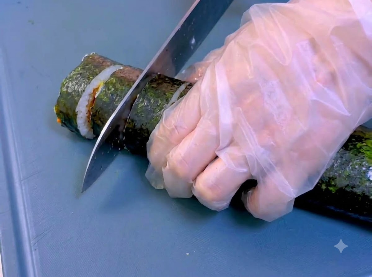 Un couteau bien aiguisé coupant un kimbap roulé aux algues sur une planche à découper bleue.