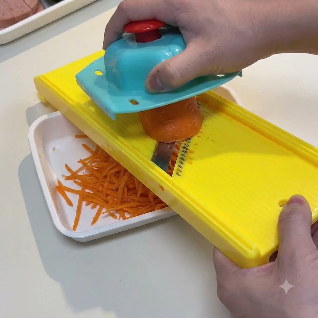 Une personne utilisant une mandoline jaune pour râper une carotte orange crue en fines lanières.