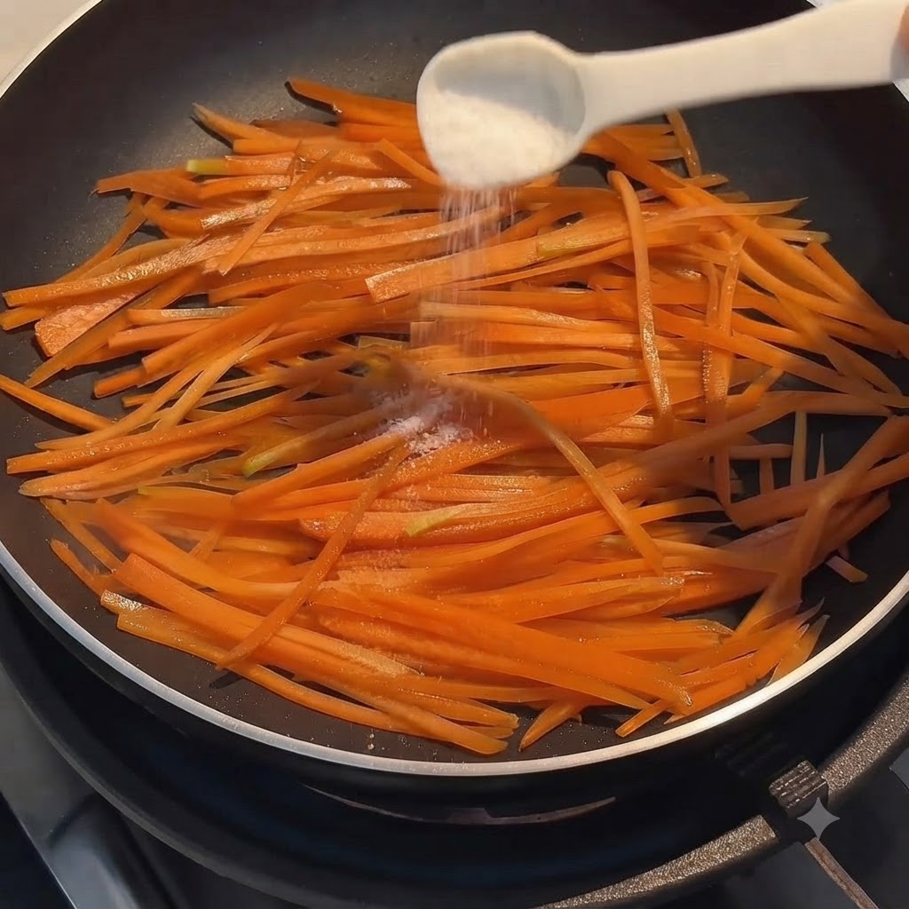 Une pincée de sel saupoudrée dune petite cuillère à mesure sur des carottes râpées orange vif cuisant dans une poêle antiadhésive noire.