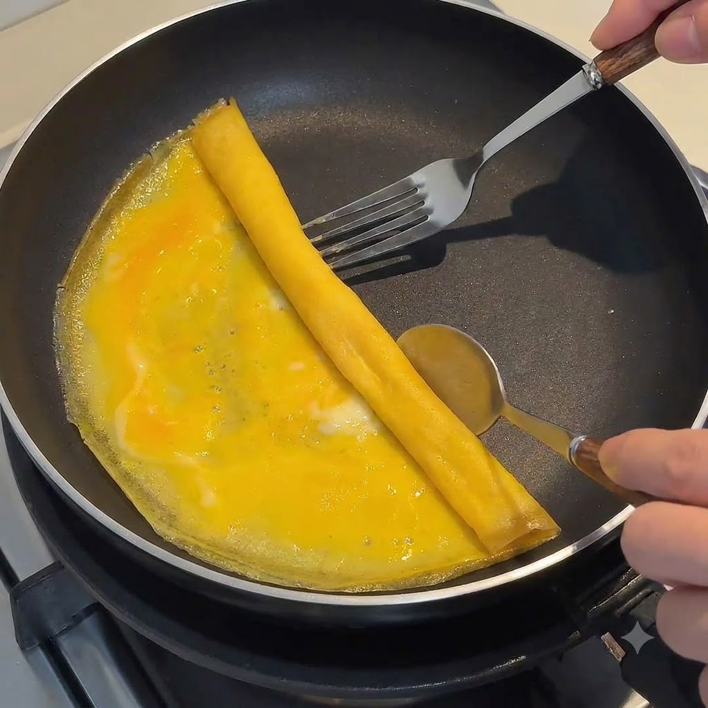 Une fine feuille dœuf enroulée serrée à laide dune fourchette et dune cuillère dans une poêle à frire.