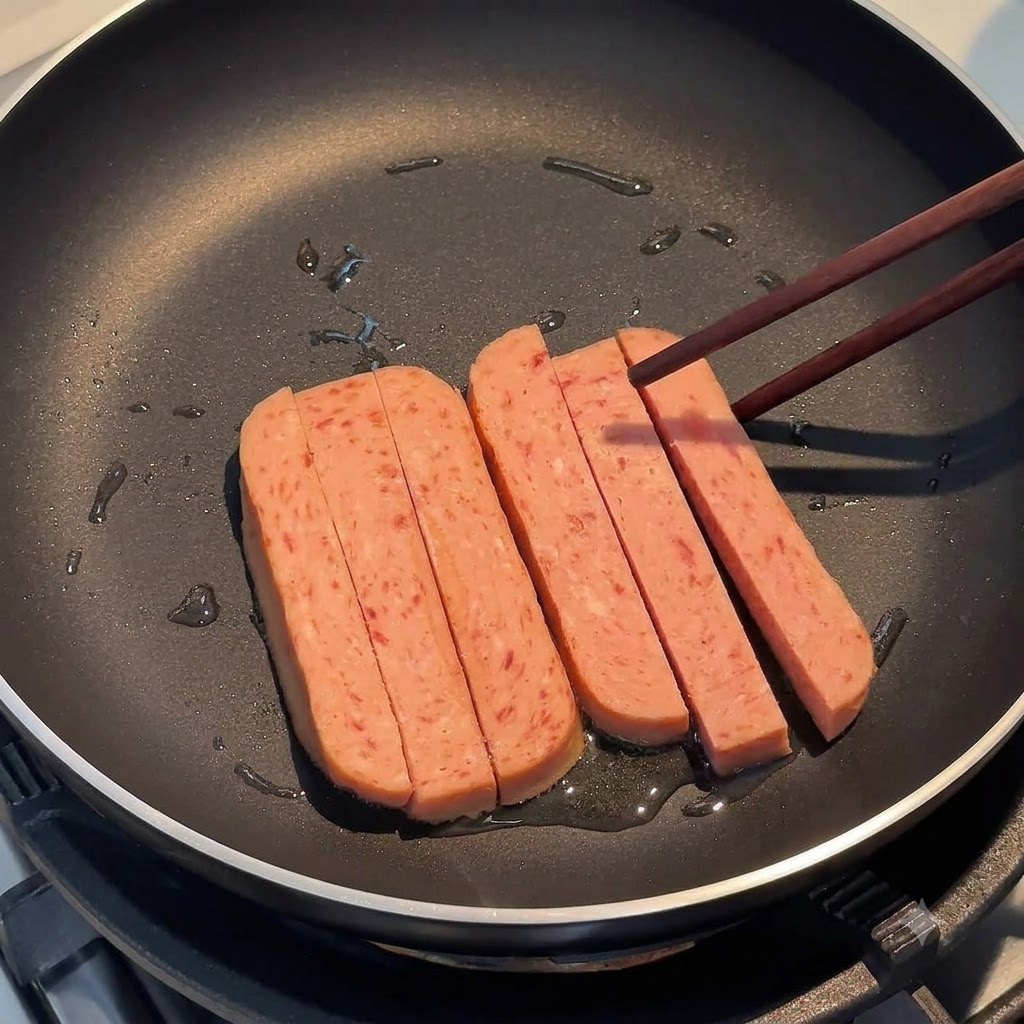 Des lanières de chair à saucisse en train de frire dans une poêle, tenues et retournées avec des baguettes en bois.