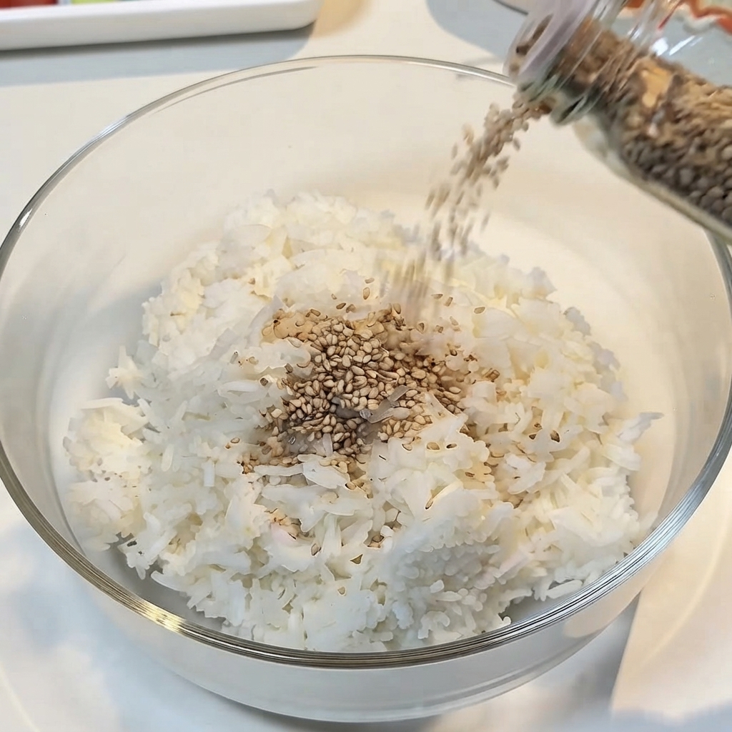 Des graines de sésame blanc versées dun bocal dans un bol de riz cuit.
