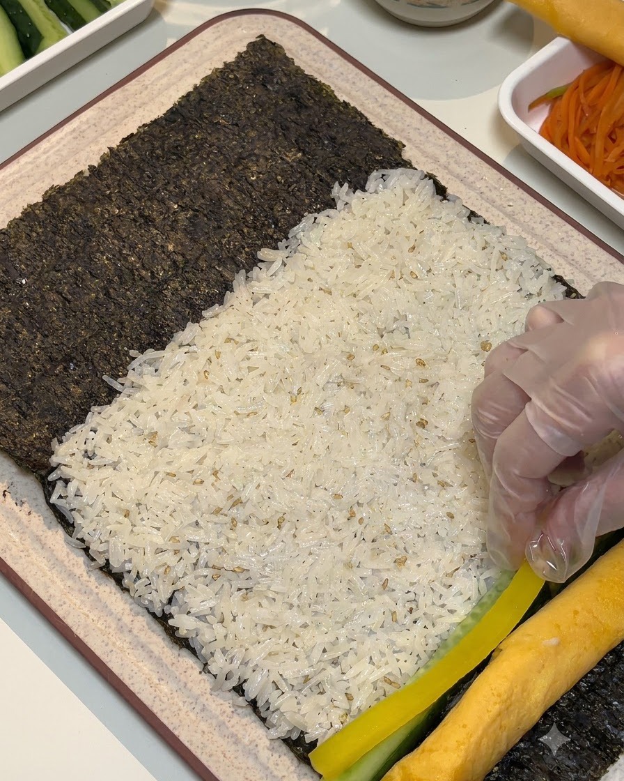 Des mains gantées plaçant du radis jaune mariné à côté dun rouleau dœuf cuit et de riz.