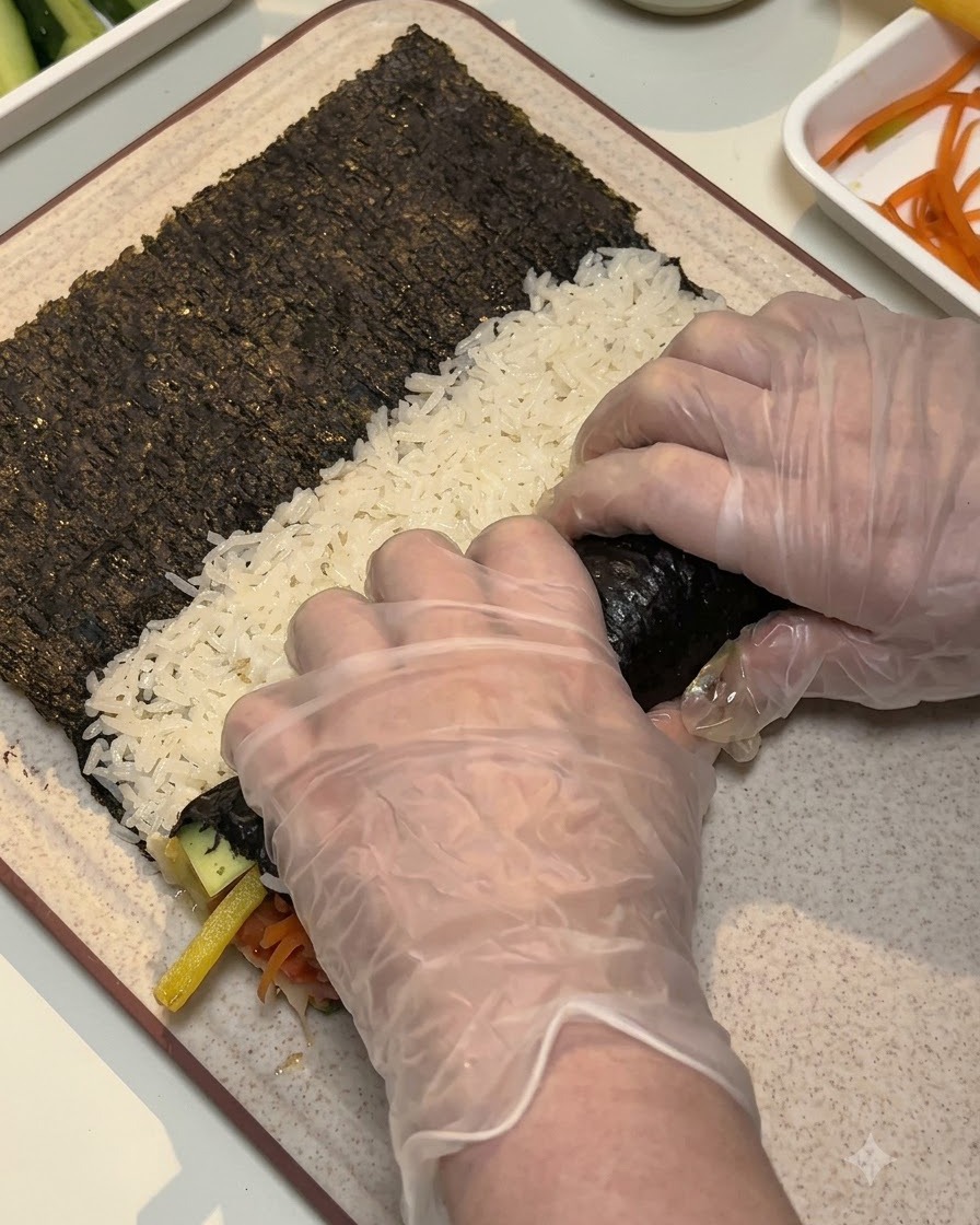 Deux mains gantées enroulant fermement et vers lavant lalgue et les garnitures en un cylindre sur un tapis texturé.