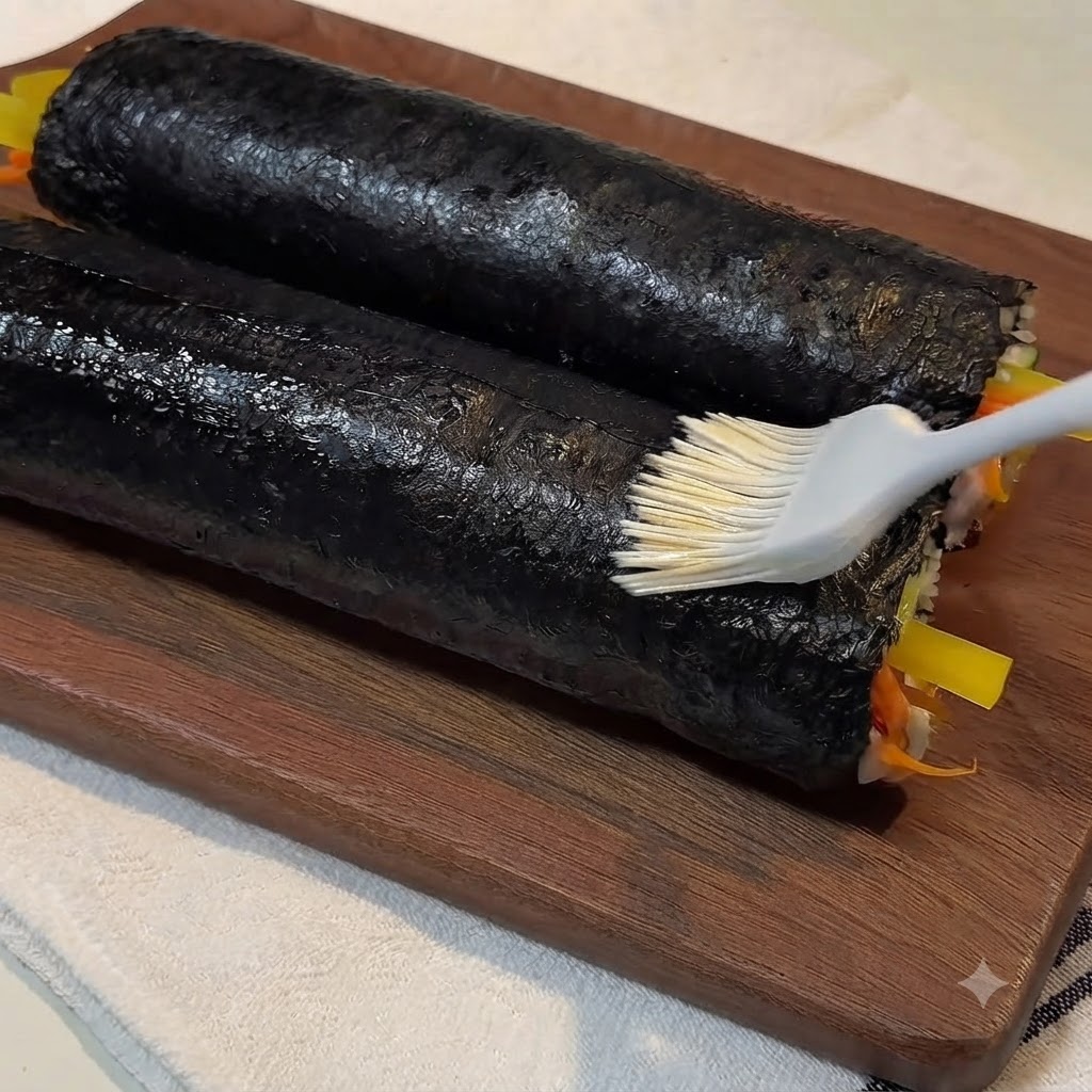 Un pinceau en silicone appliquant une couche brillante dhuile de sésame sur deux rouleaux dalgues finis sur une planche en bois.