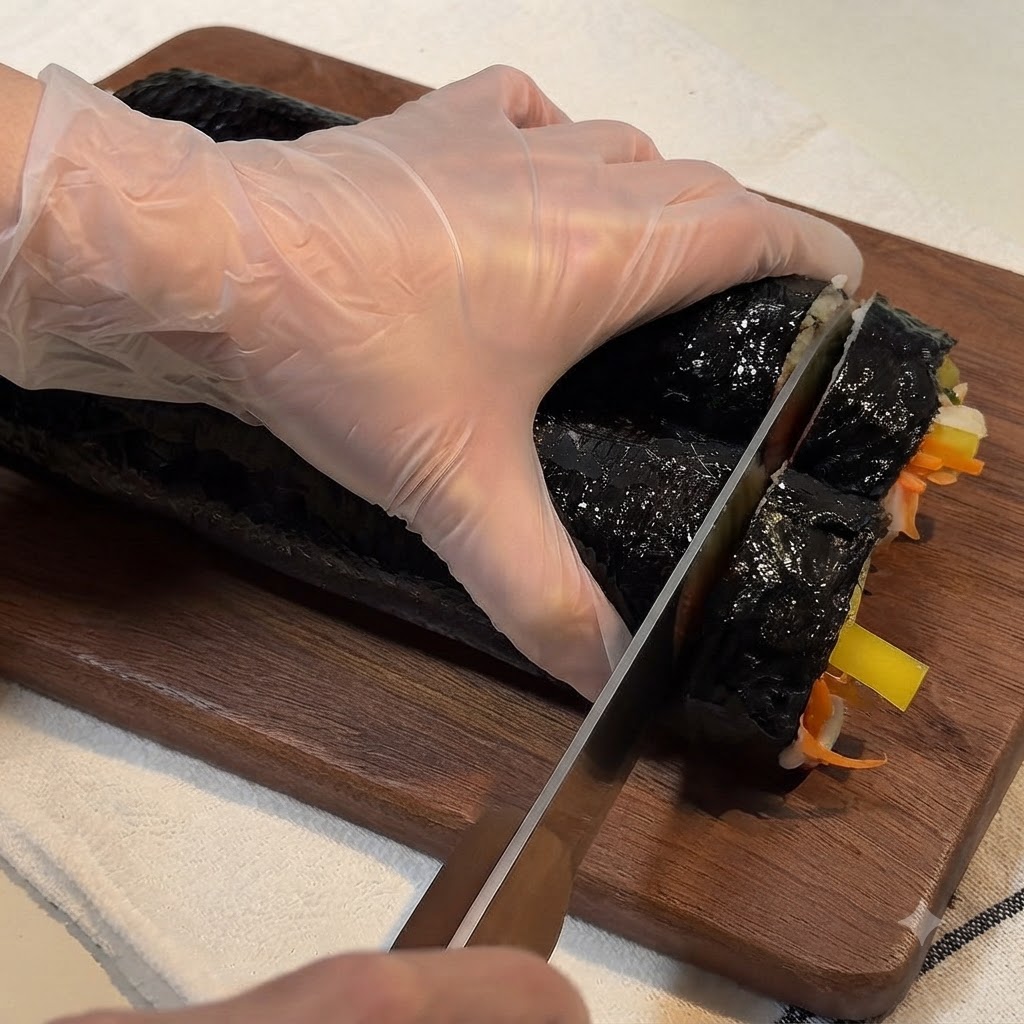 Un couteau bien aiguisé tranchant un long kimbap roulé sur une planche à découper en bois pour créer des morceaux de taille idéale.
