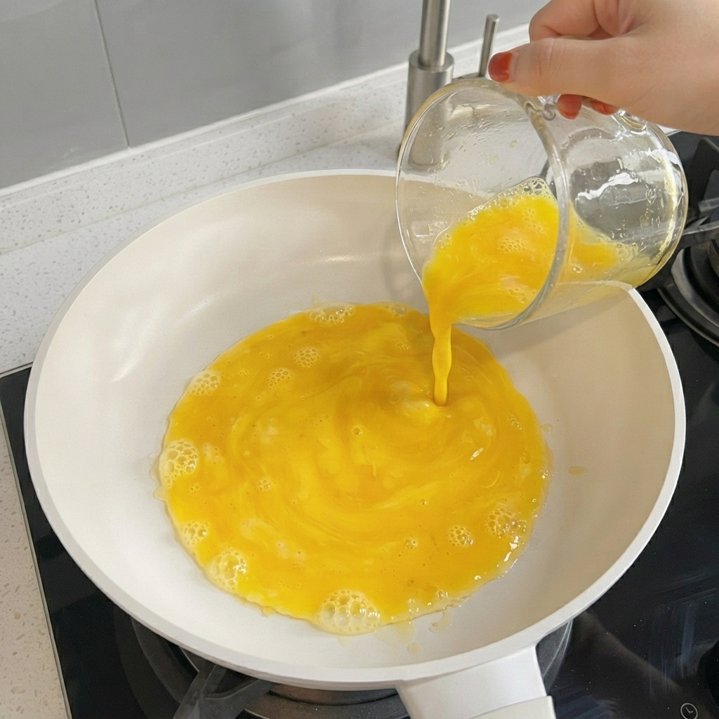 Mélange dœufs battus sétalant sur une poêle chaude pour former une fine couche.
