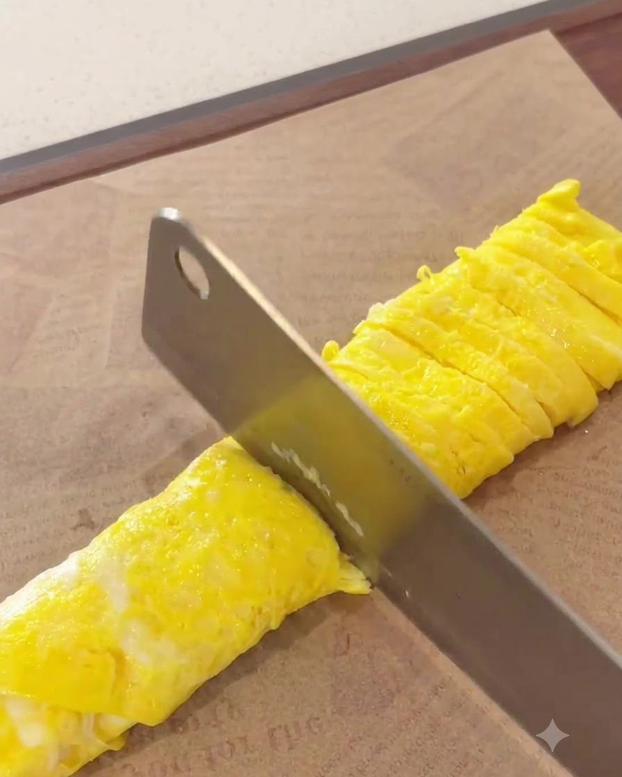 Une crêpe dœuf roulée en cours de découpe nette en fines lamelles jaunes sur une planche à découper.