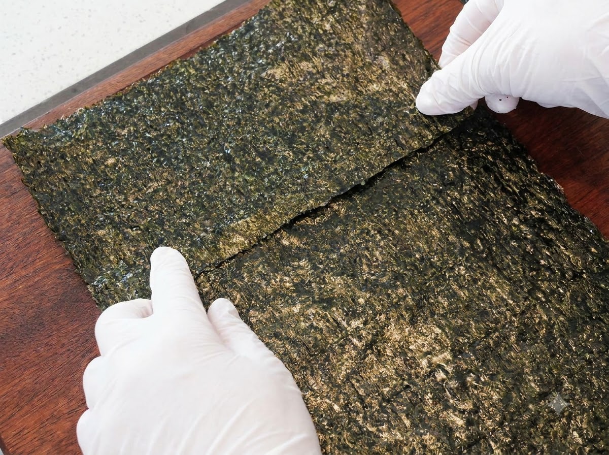 Une demi-feuille dalgue assemblée à une feuille dalgue entière en utilisant du riz gluant comme adhésif.