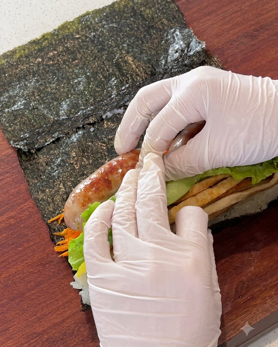 Saucisses poêlées et feuilles de laitue fraîche posées par-dessus les garnitures du kimbap.
