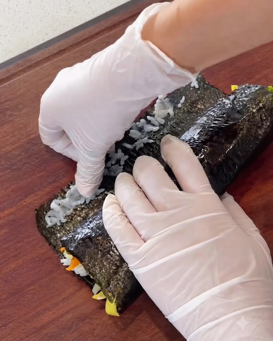 Mains roulant fermement la feuille dalgue et les garnitures en un cylindre épais.