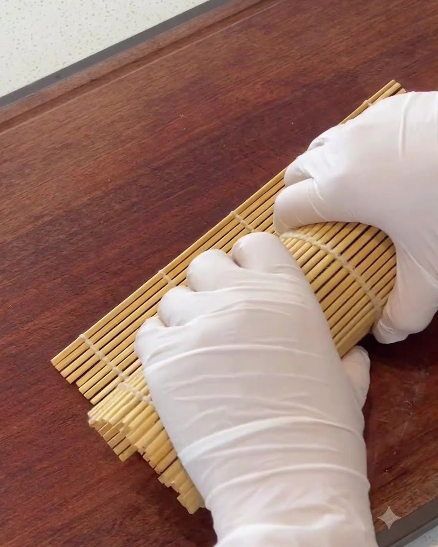 Une natte de roulement en bambou utilisée pour façonner et raffermir le rouleau de kimbap.