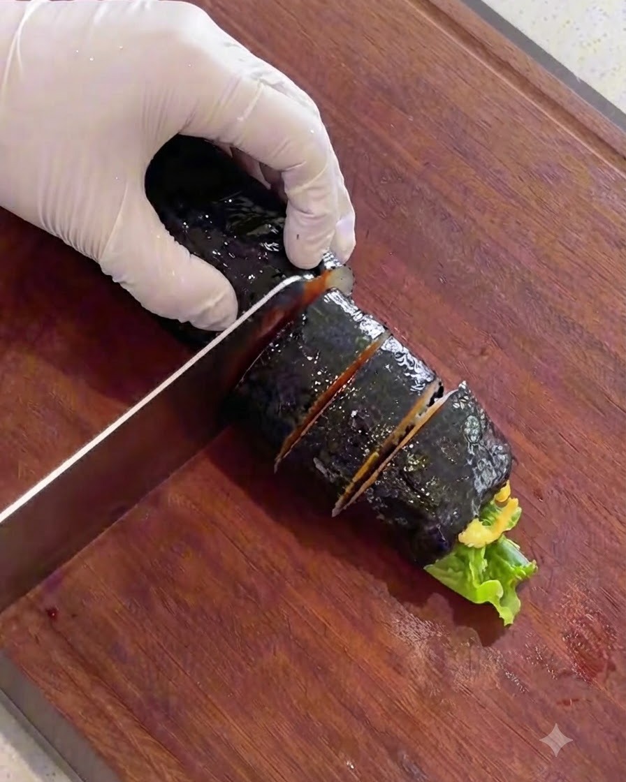 Un couteau bien aiguisé tranchant un rouleau de kimbap huilé en morceaux réguliers de taille bouchée sur une planche en bois.