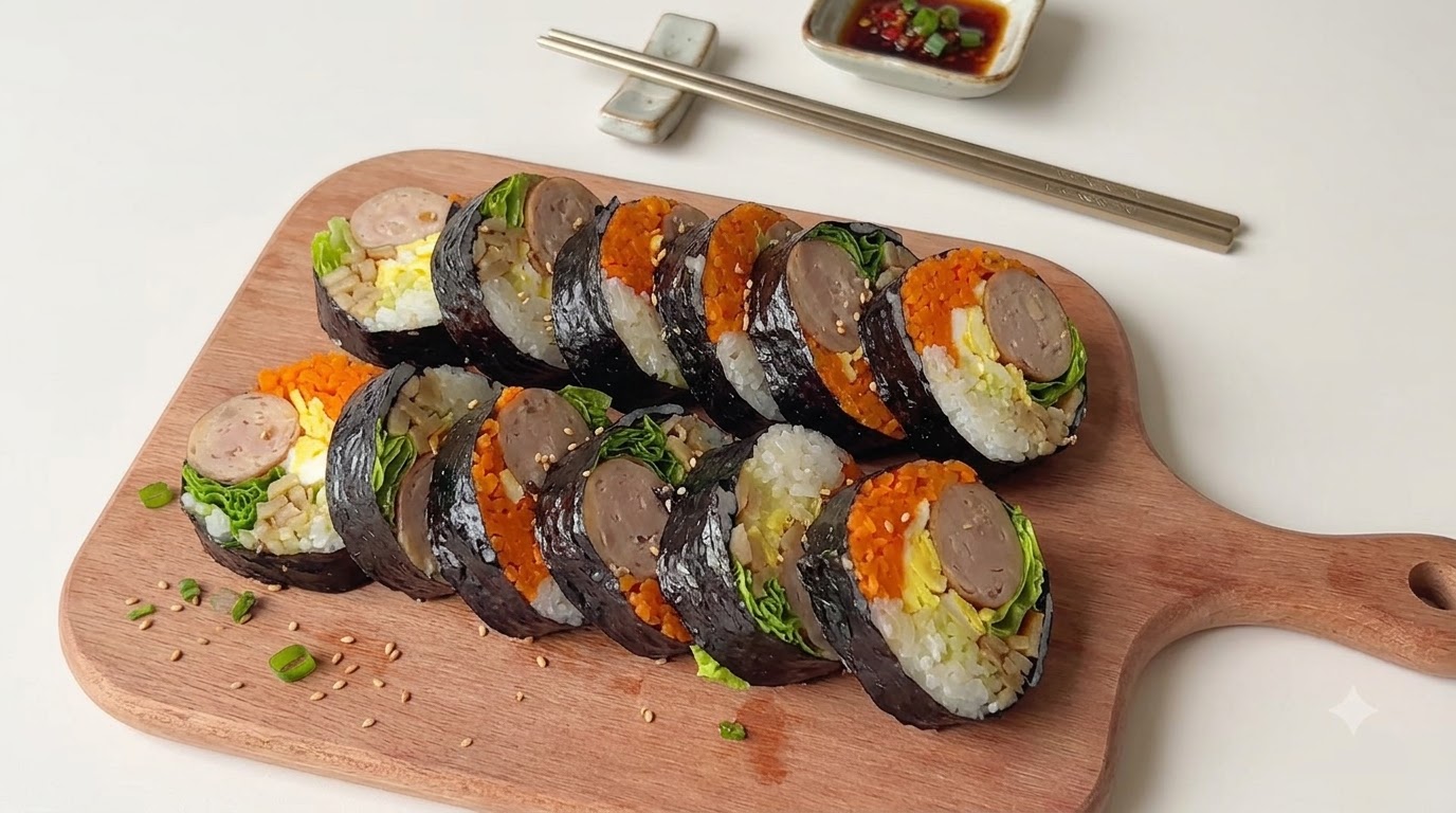 Tranches de kimbap de saucisse faible en calories disposées soigneusement sur une planche à découper en bois avec des garnitures colorées.