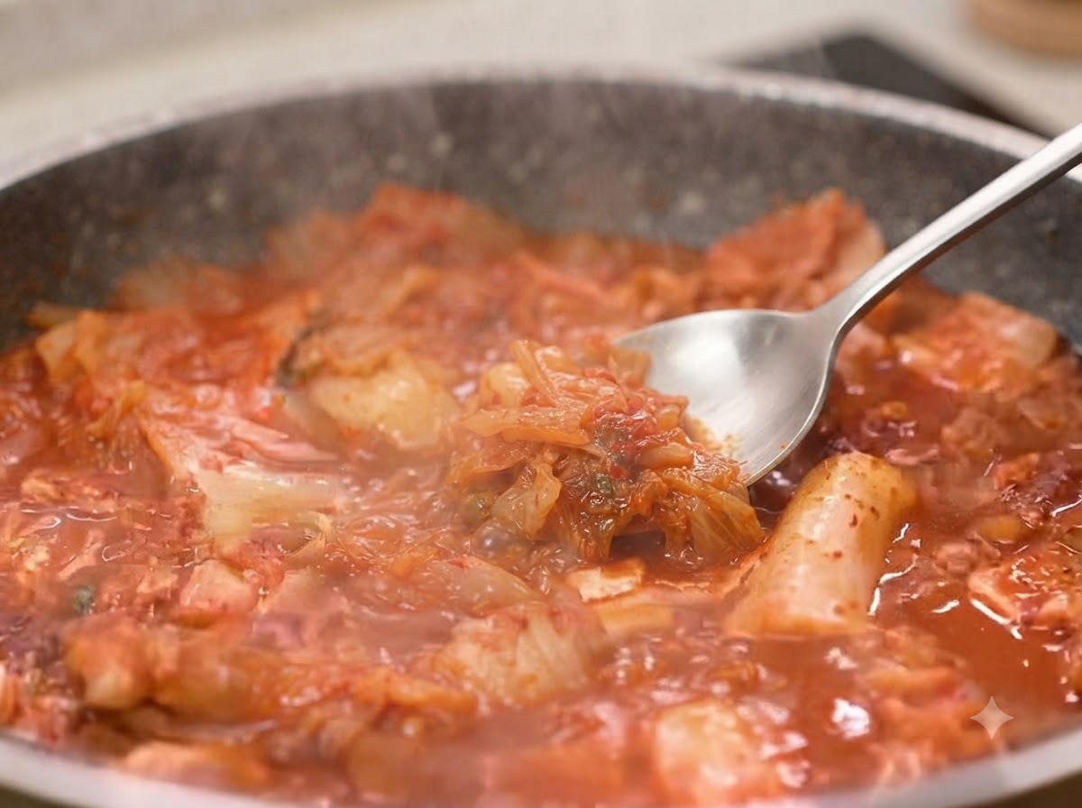 Ail émincé et sauce soja claire ajoutés dans la poêle et bien mélangés avec le kimchi et le porc.