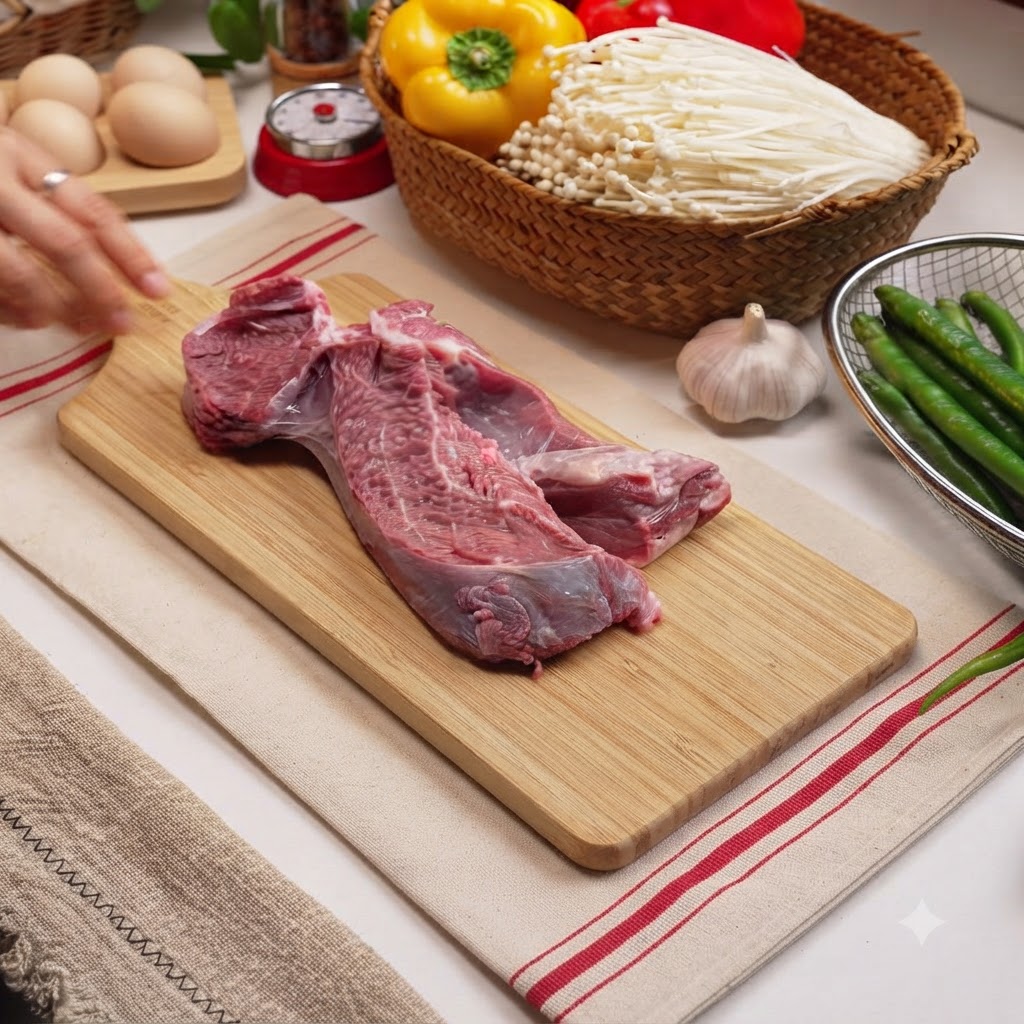 Des tranches de bœuf cru en train dêtre coupées sur une planche à découper en bois.