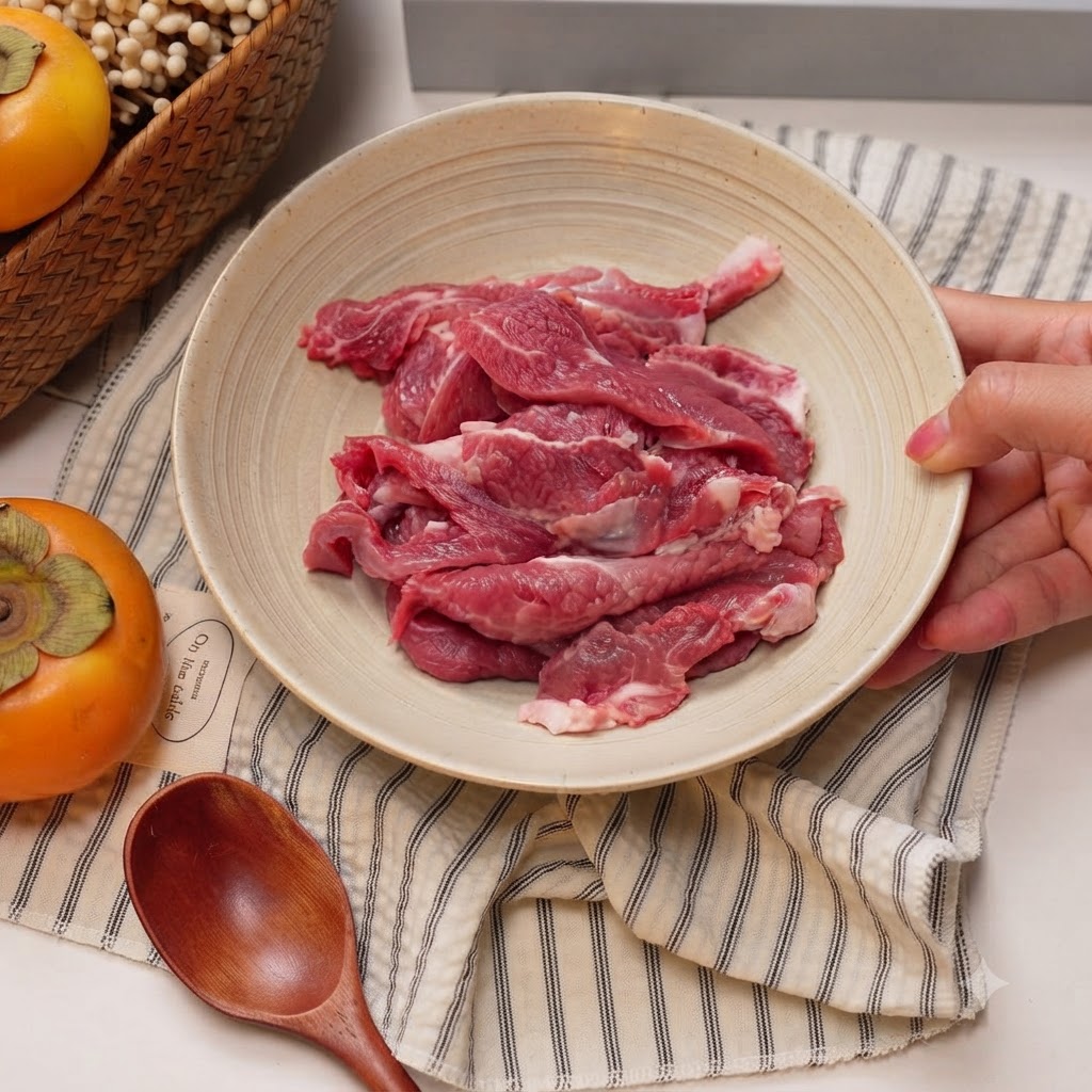 Tranches de bœuf cru dans un bol en céramique avec de la sauce soja, du vin de cuisine et de la fécule ajoutés sur le dessus.