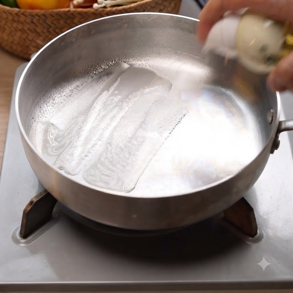 Tranches doignon blanc en train dêtre sautées dans une poêle métallique peu profonde avec de lhuile.